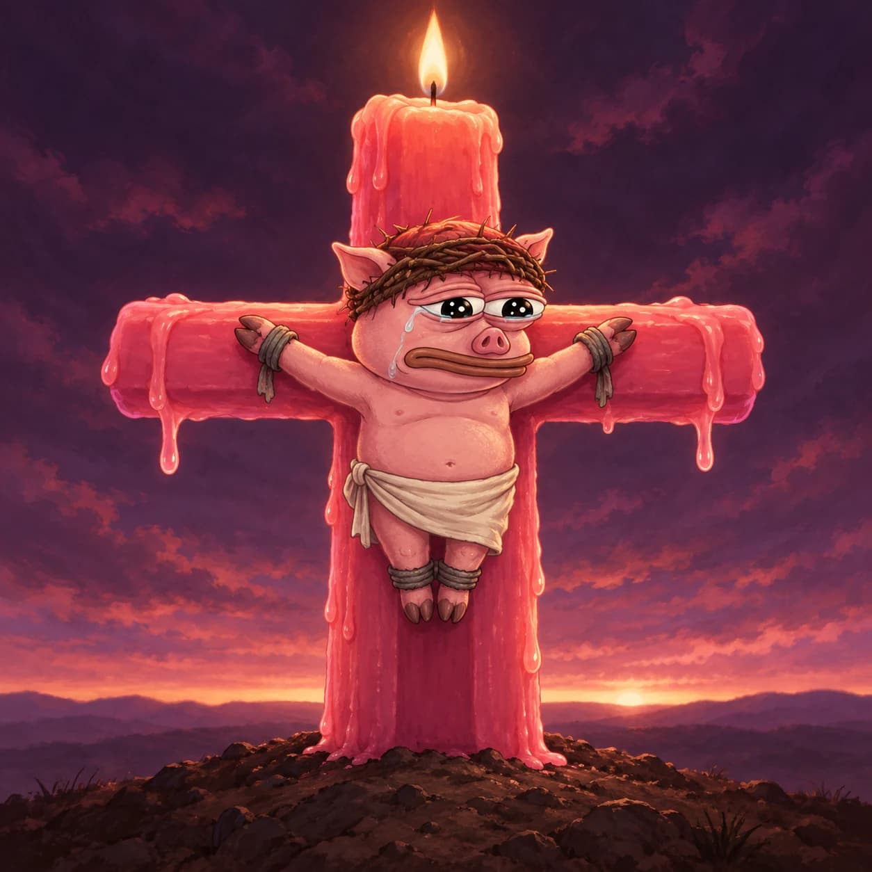 A tearful PiPi with a crown of thorns against a rose-pink candle-cross, its small flame lighting the dusk