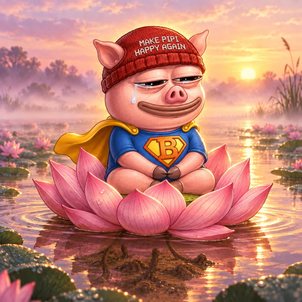 PiPi sits in meditation on a pink lotus, with folded legs and hooves resting in his lap above still water