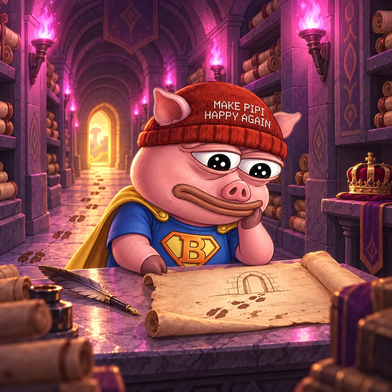 PiPi sets his crown aside to read in a glowing library, a vision of the future